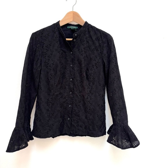 Lauren Ralph Lauren Eyelet Button Up Blouse Black Size 8 Ruffle Floral Classic - Picture 3 of 10